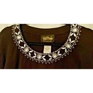 Bob Mackie Knit Tunic Embellished Gem & Faux Pearl Wearable Art Large Black